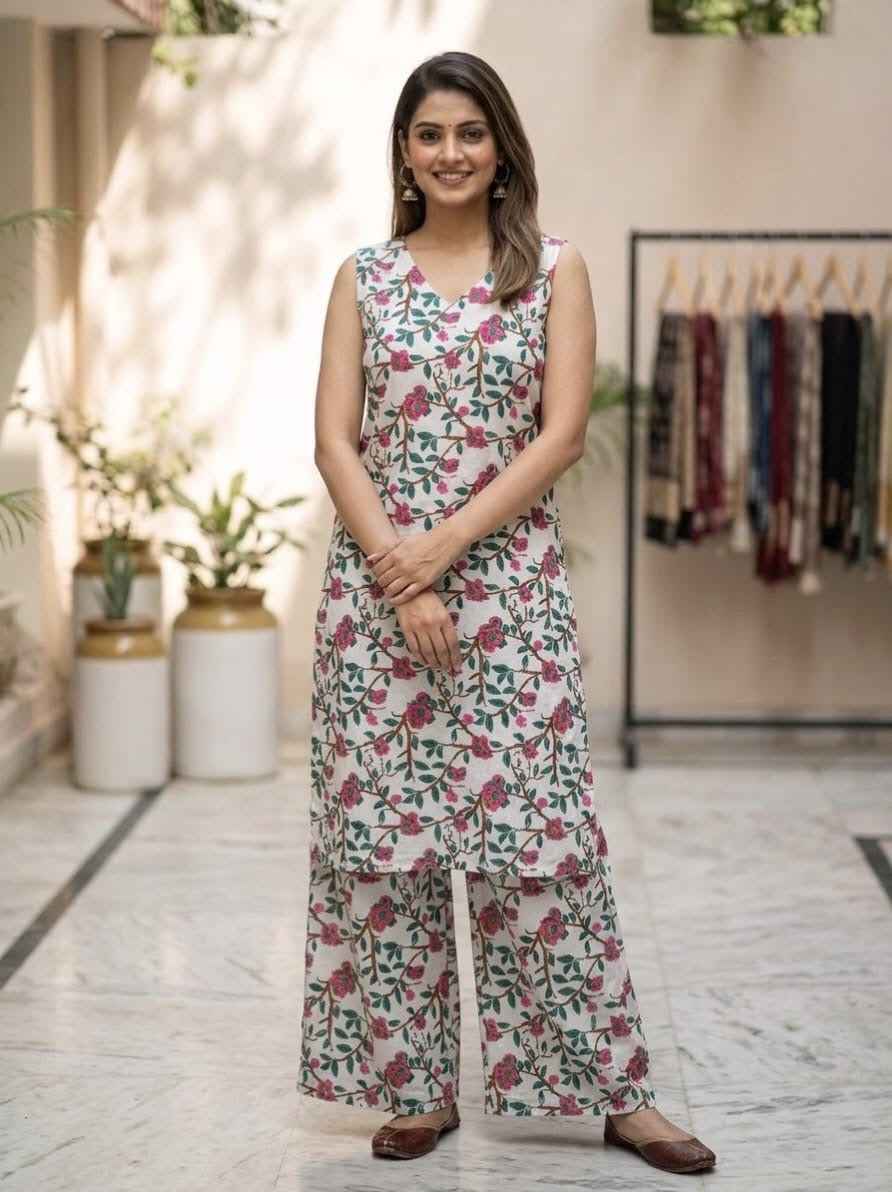 Tatvani Bagru Hand Block Printed Kurta Palazzo Set | Pure Cotton | Sleeveless Kurta with 2 Pocket Palazzo