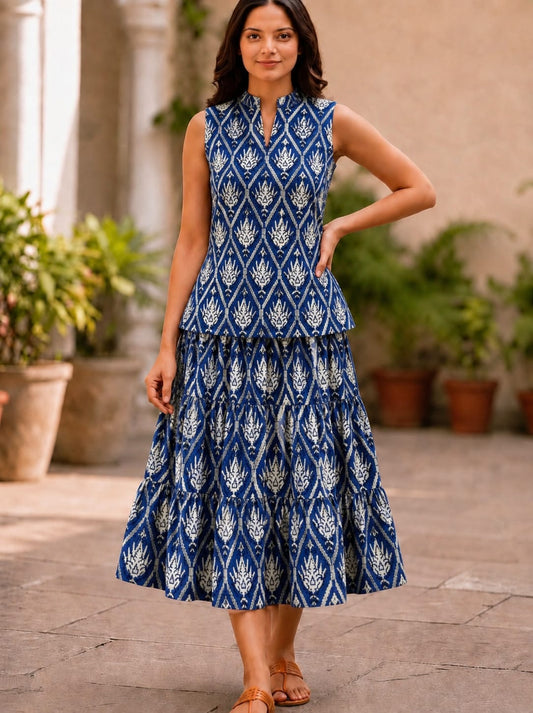 Bagru Hand Block Printed Pure Cotton Top & Flared Skirt Set | Elegant Ethnic Co-Ord | XXS–7XL | Tatvani
