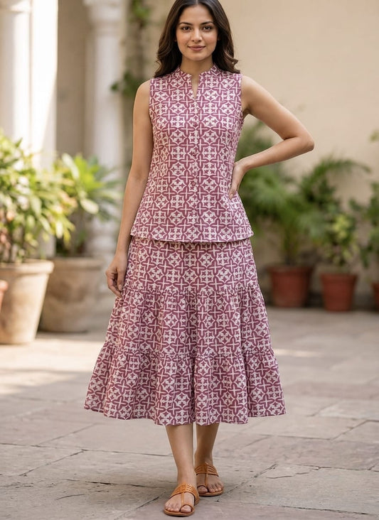 Bagru Hand Block Printed Pure Cotton Top & Flared Skirt Set | Elegant Ethnic Co-Ord | XXS–7XL | Tatvani