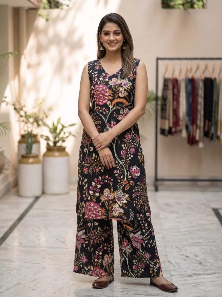 Tatvani Bagru Hand Block Printed Kurta Palazzo Set | Pure Cotton | Sleeveless Kurta with 2 Pocket Palazzo