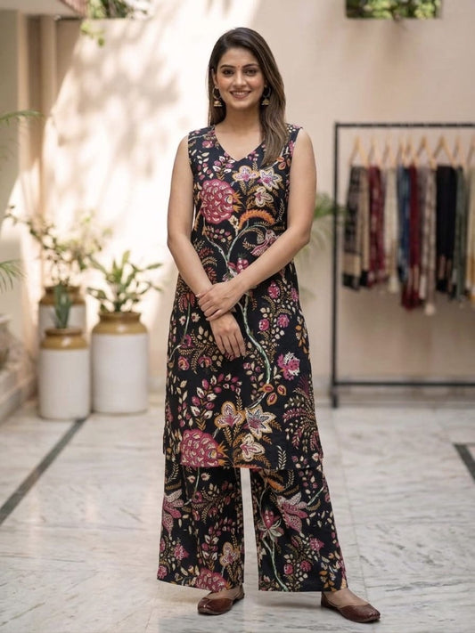 Tatvani Bagru Hand Block Printed Kurta Palazzo Set | Pure Cotton | Sleeveless Kurta with 2 Pocket Palazzo