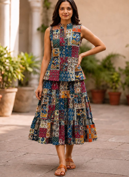Bagru Hand Block Printed Pure Cotton Top & Flared Skirt Set | Elegant Ethnic Co-Ord | XXS–7XL | Tatvani