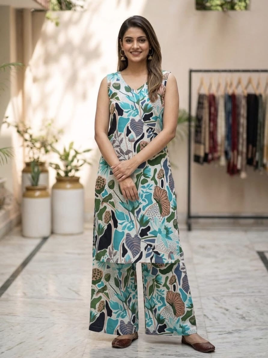 Tatvani Bagru Hand Block Printed Kurta Palazzo Set | Pure Cotton | Sleeveless Kurta with 2 Pocket Palazzo