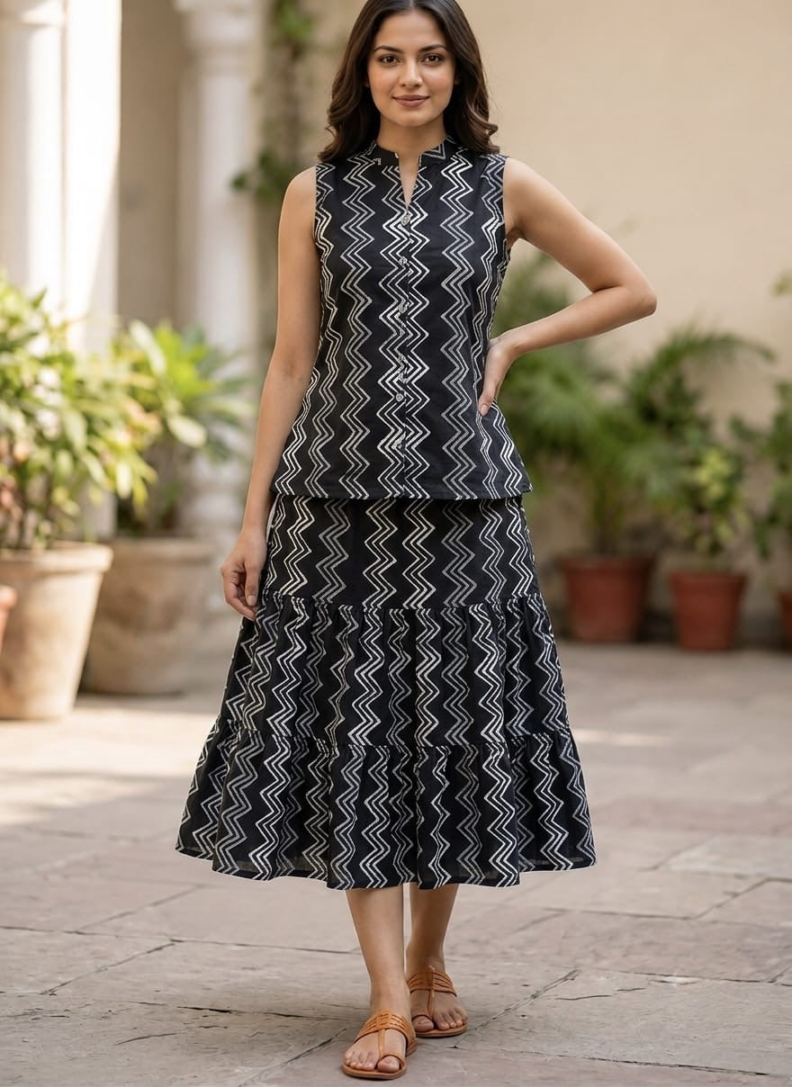 Bagru Hand Block Printed Pure Cotton Top & Flared Skirt Set | Elegant Ethnic Co-Ord | XXS–7XL | Tatvani