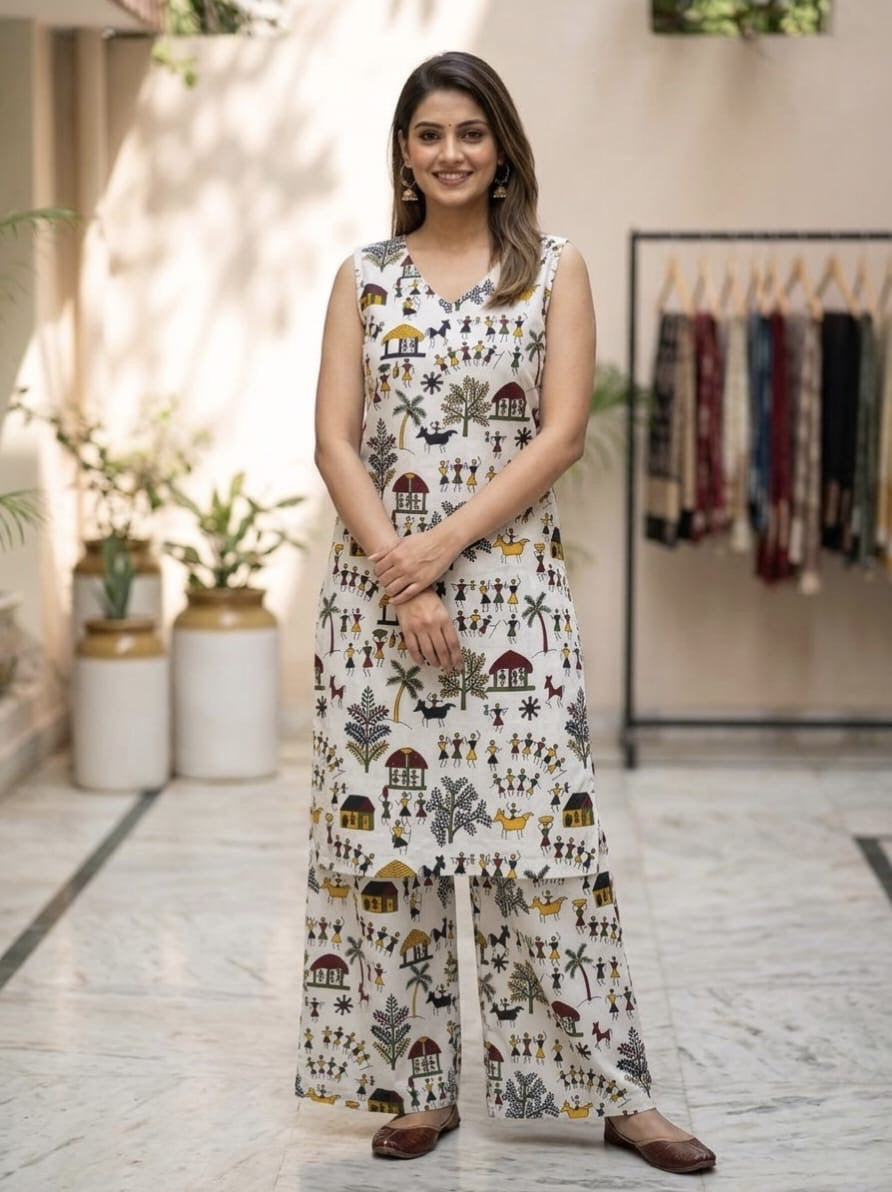 Tatvani Bagru Hand Block Printed Kurta Palazzo Set | Pure Cotton | Sleeveless Kurta with 2 Pocket Palazzo