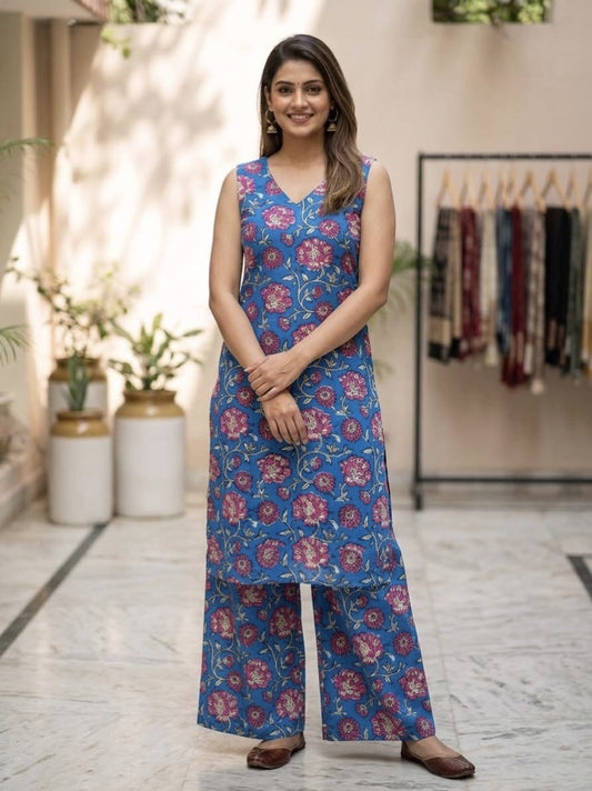 Tatvani Bagru Hand Block Printed Kurta Palazzo Set | Pure Cotton | Sleeveless Kurta with 2 Pocket Palazzo