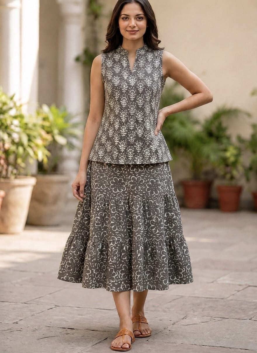 Bagru Hand Block Printed Pure Cotton Top & Flared Skirt Set | Elegant Ethnic Co-Ord | XXS–7XL | Tatvani