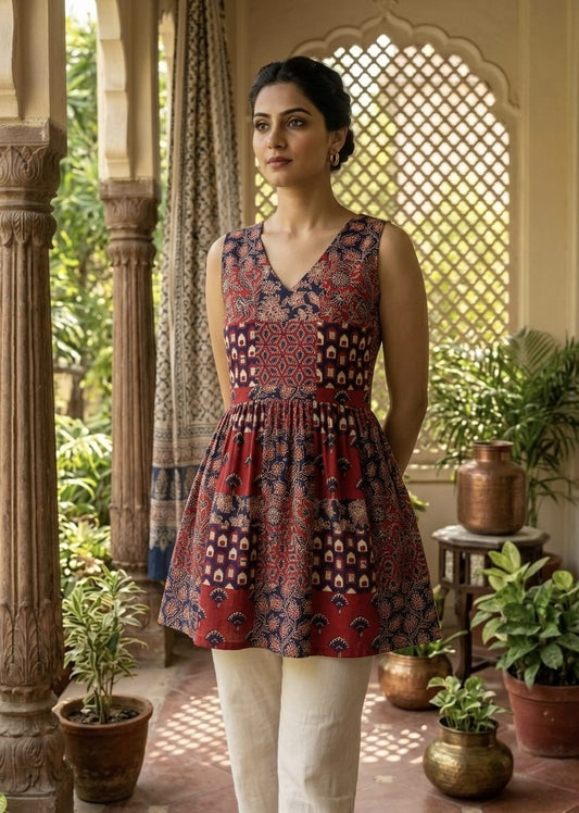 Tatvani Pure Cotton Hand Block Printed Sleeveless Top | Natural Handblock Summer Top | XXS to 7XL