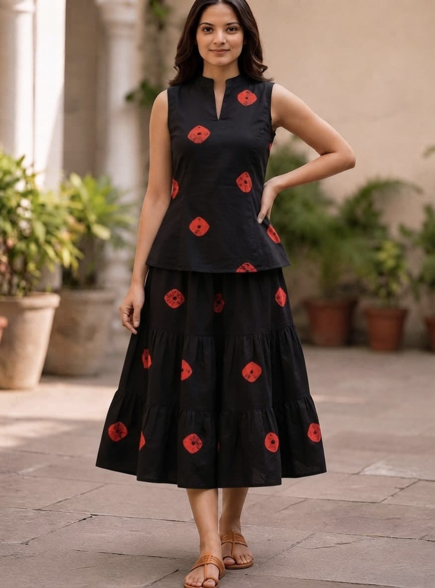 Bagru Hand Block Printed Pure Cotton Top & Flared Skirt Set | Elegant Ethnic Co-Ord | XXS–7XL | Tatvani