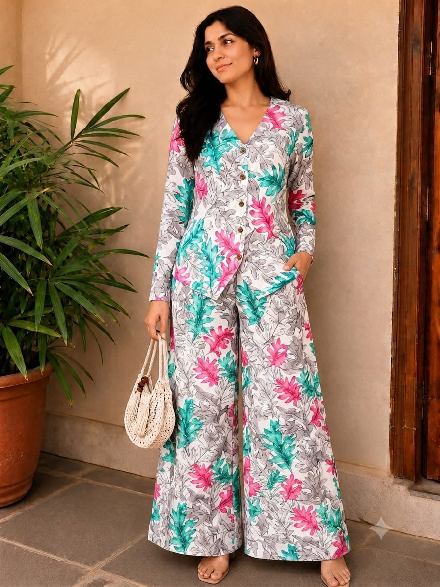 Tatvani Pure Cotton Printed Women’s Co-Ord Set | Summer Shirt & Palazzo Set | XXS to 7XL