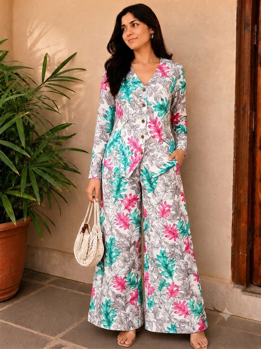 Tatvani Pure Cotton Printed Women’s Co-Ord Set | Summer Shirt & Palazzo Set | XXS to 7XL