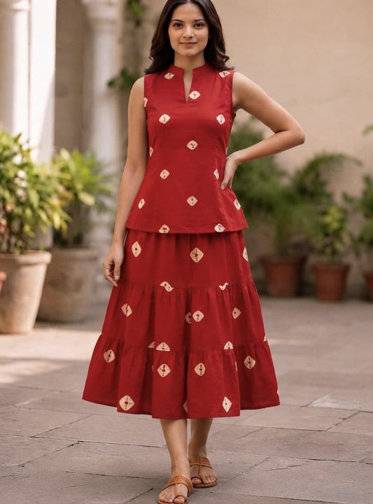 Bagru Hand Block Printed Pure Cotton Top & Flared Skirt Set | Elegant Ethnic Co-Ord | XXS–7XL | Tatvani