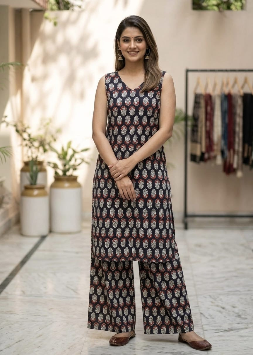 Tatvani Bagru Hand Block Printed Kurta Palazzo Set | Pure Cotton | Sleeveless Kurta with 2 Pocket Palazzo