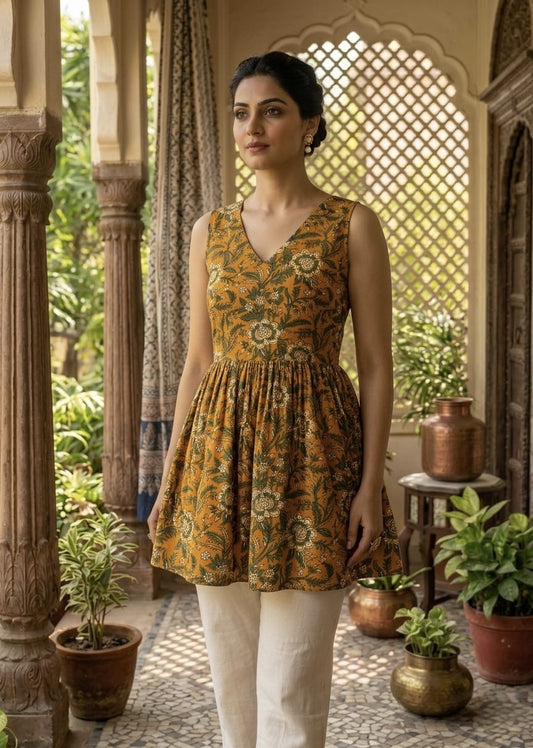 Tatvani Pure Cotton Hand Block Printed Sleeveless Top | Natural Handblock Summer Top | XXS to 7XL
