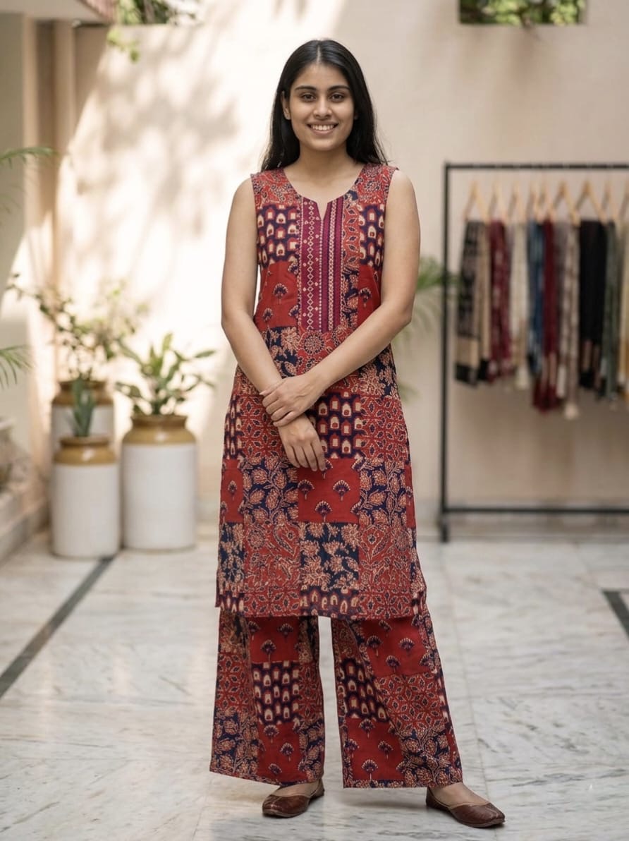 Tatvani Bagru Hand Block Printed Kurta Palazzo Set | Pure Cotton | Sleeveless Kurta with 2 Pocket Palazzo
