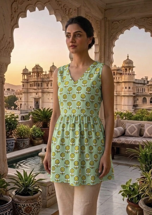 Tatvani Pure Cotton Hand Block Printed Sleeveless Top | Natural Handblock Summer Top | XXS to 7XL