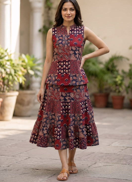 Bagru Hand Block Printed Pure Cotton Top & Flared Skirt Set | Elegant Ethnic Co-Ord | XXS–7XL | Tatvani