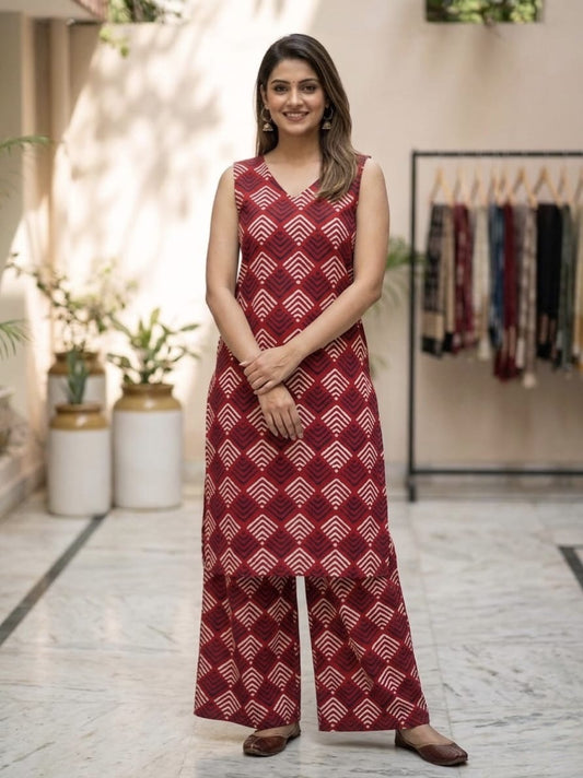 Tatvani Bagru Hand Block Printed Kurta Palazzo Set | Pure Cotton | Sleeveless Kurta with 2 Pocket Palazzo