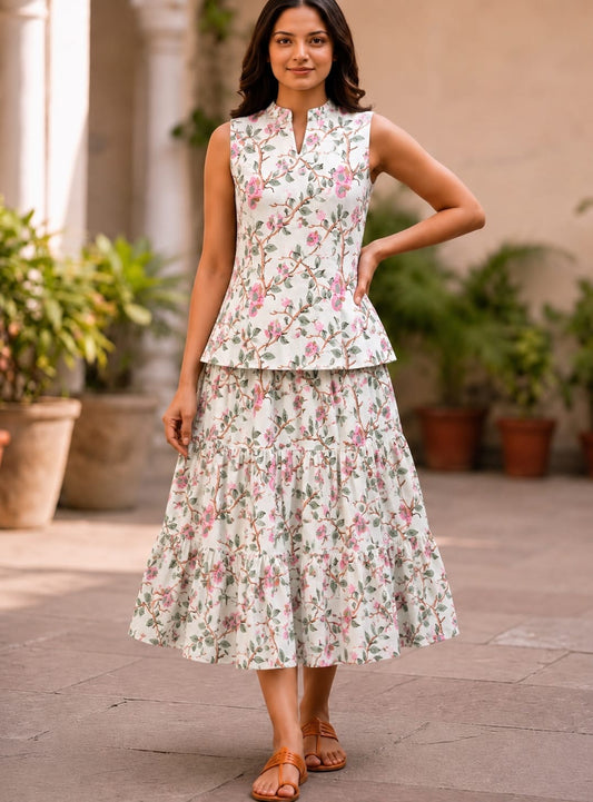 Bagru Hand Block Printed Pure Cotton Top & Flared Skirt Set | Elegant Ethnic Co-Ord | XXS–7XL | Tatvani
