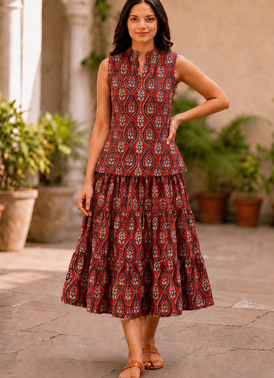 Bagru Hand Block Printed Pure Cotton Top & Flared Skirt Set | Elegant Ethnic Co-Ord | XXS–7XL | Tatvani