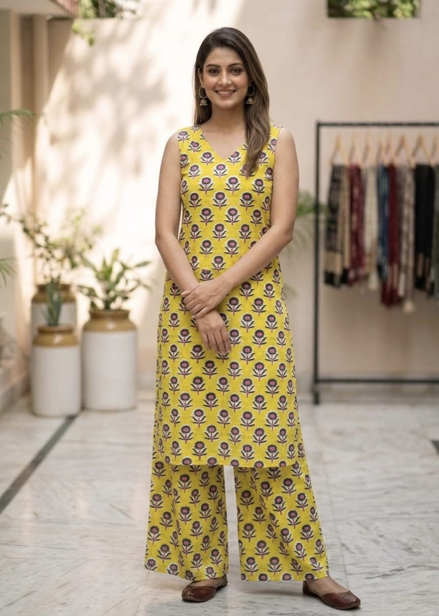 Tatvani Bagru Hand Block Printed Kurta Palazzo Set | Pure Cotton | Sleeveless Kurta with 2 Pocket Palazzo