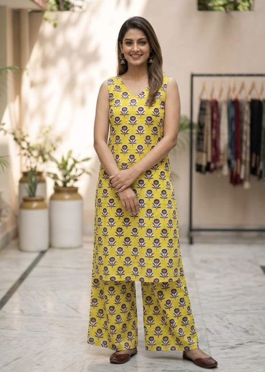Tatvani Bagru Hand Block Printed Kurta Palazzo Set | Pure Cotton | Sleeveless Kurta with 2 Pocket Palazzo