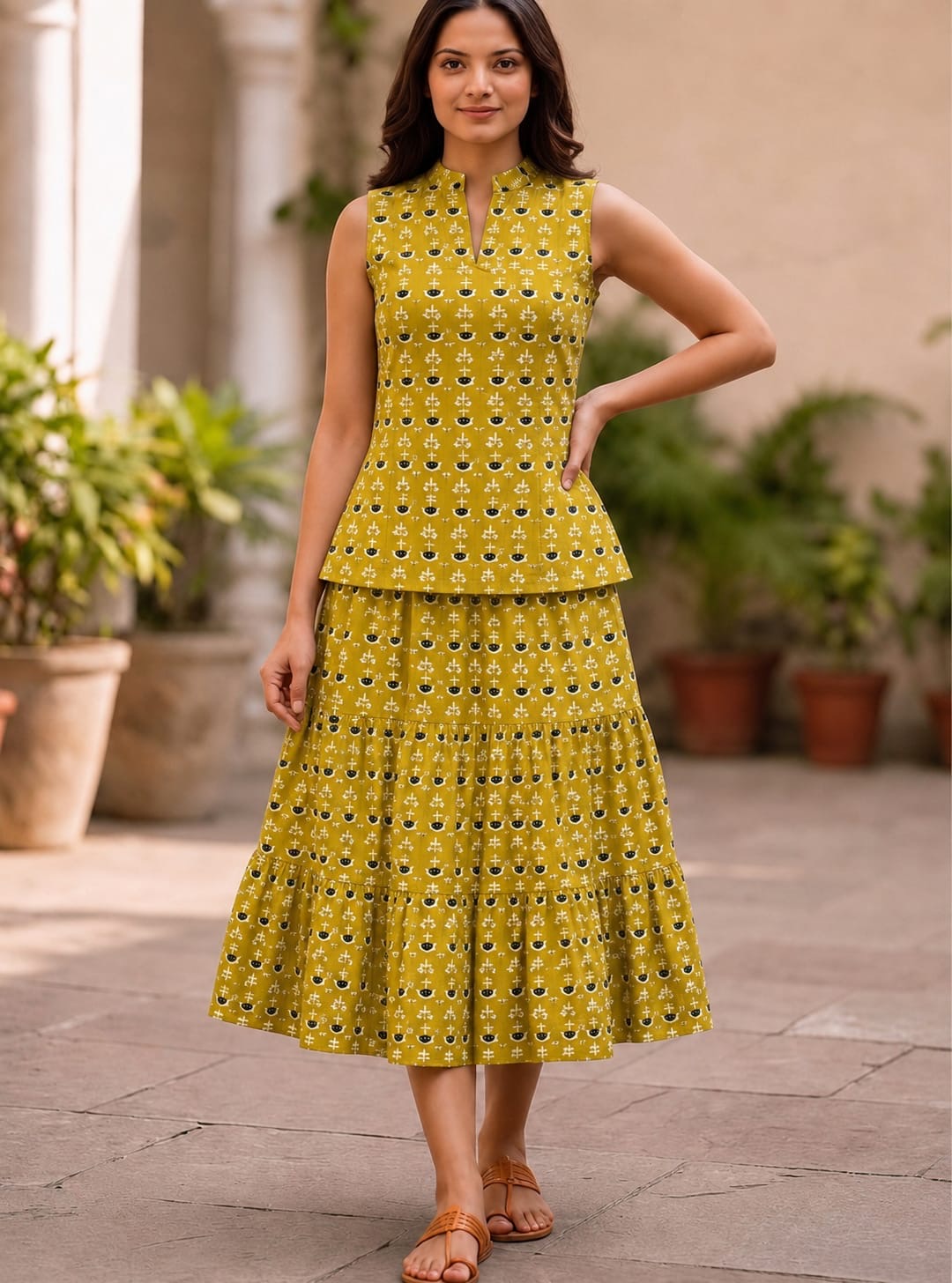 Bagru Hand Block Printed Pure Cotton Top & Flared Skirt Set | Elegant Ethnic Co-Ord | XXS–7XL | Tatvani