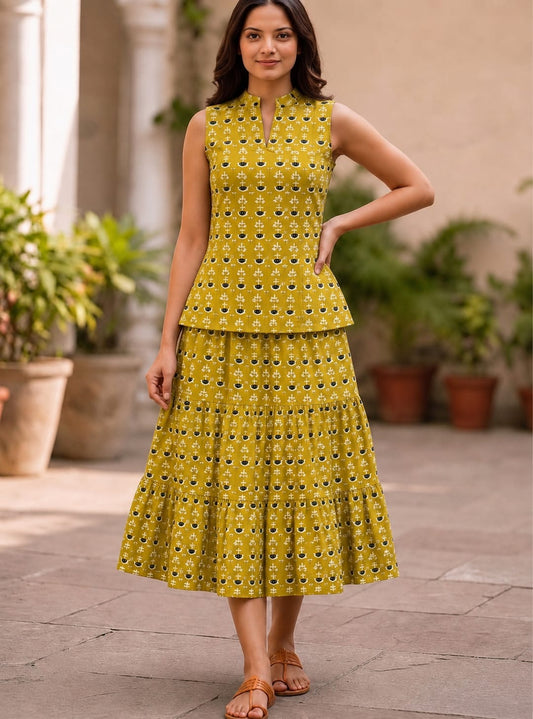 Bagru Hand Block Printed Pure Cotton Top & Flared Skirt Set | Elegant Ethnic Co-Ord | XXS–7XL | Tatvani