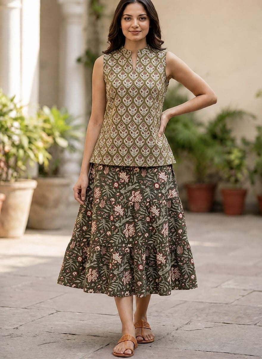 Bagru Hand Block Printed Pure Cotton Top & Flared Skirt Set | Elegant Ethnic Co-Ord | XXS–7XL | Tatvani