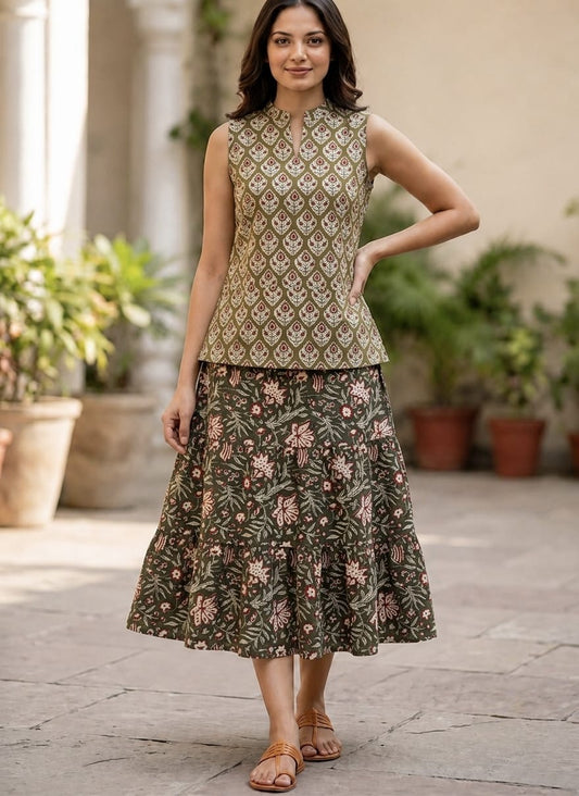 Bagru Hand Block Printed Pure Cotton Top & Flared Skirt Set | Elegant Ethnic Co-Ord | XXS–7XL | Tatvani