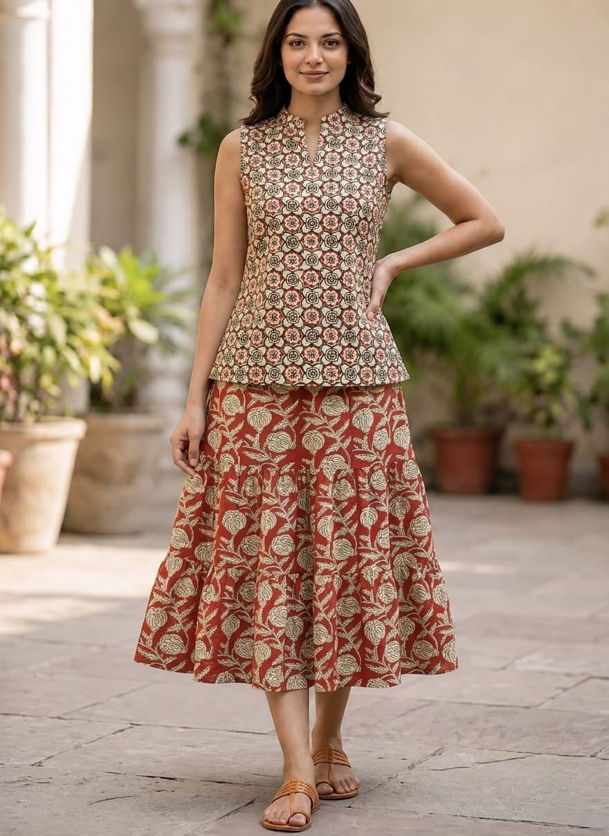 Bagru Hand Block Printed Pure Cotton Top & Flared Skirt Set | Elegant Ethnic Co-Ord | XXS–7XL | Tatvani