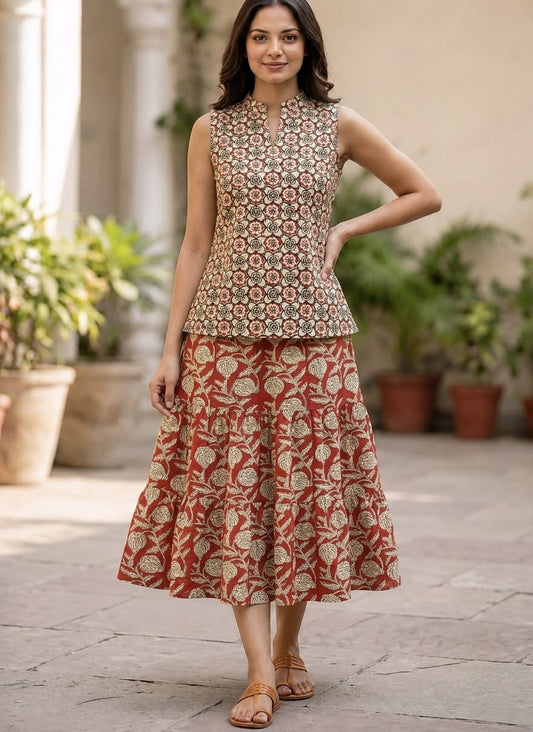 Bagru Hand Block Printed Pure Cotton Top & Flared Skirt Set | Elegant Ethnic Co-Ord | XXS–7XL | Tatvani