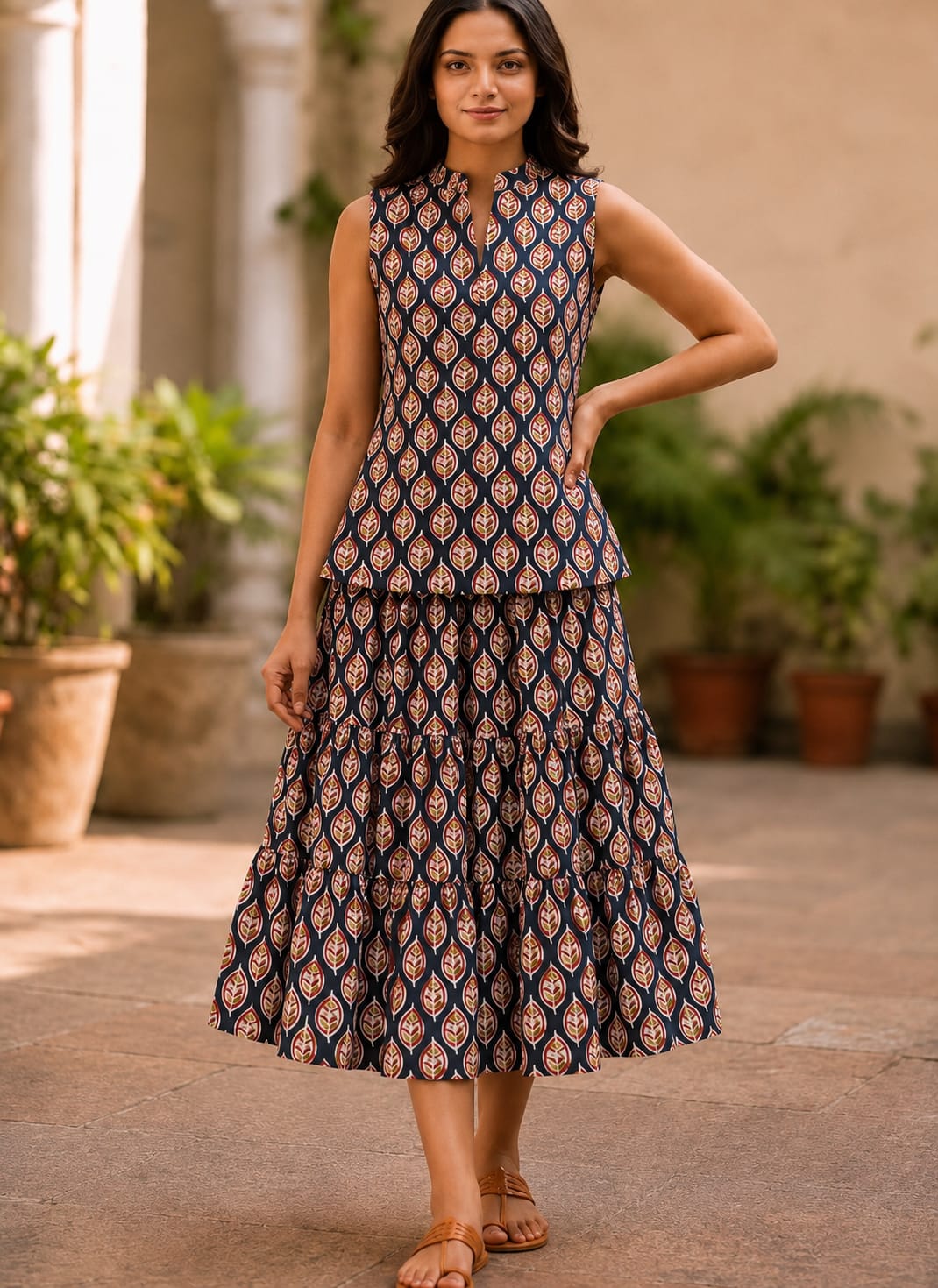 Bagru Hand Block Printed Pure Cotton Top & Flared Skirt Set | Elegant Ethnic Co-Ord | XXS–7XL | Tatvani