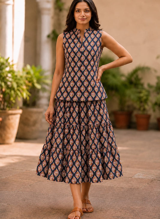 Bagru Hand Block Printed Pure Cotton Top & Flared Skirt Set | Elegant Ethnic Co-Ord | XXS–7XL | Tatvani
